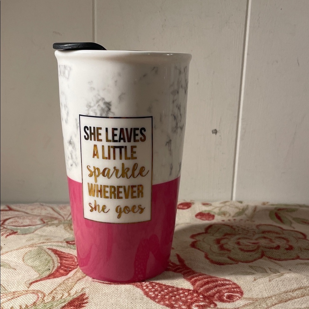 Pink White Travel Mug Quote "She Leaves A Little Sparkle Wherever She Goes"